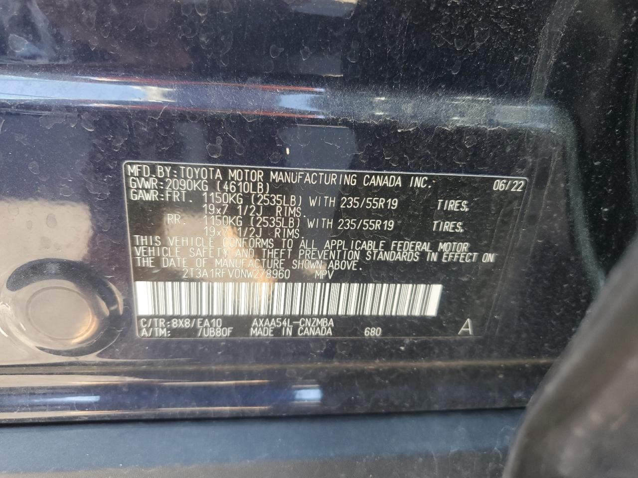 2022 TOYOTA RAV4 XLE PREMIUM VIN:2T3A1RFV0NW278960