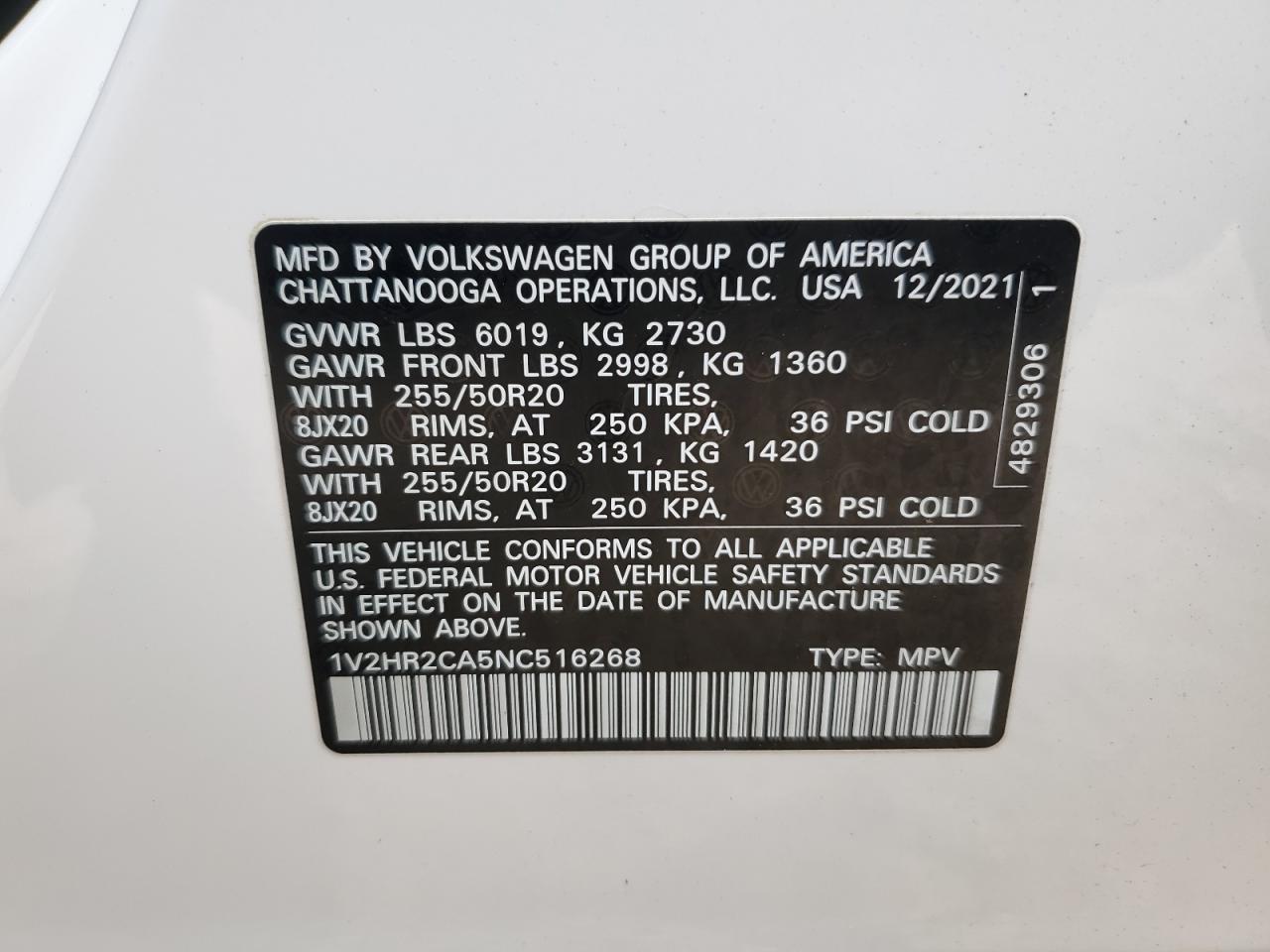2022 VOLKSWAGEN ATLAS SE VIN:1V2HR2CA5NC516268