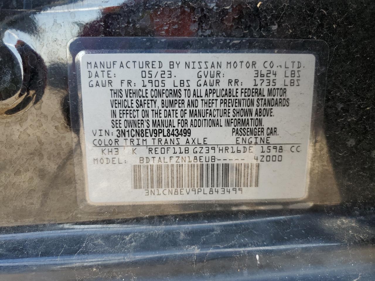 2023 NISSAN VERSA SV VIN:3N1CN8EV9PL843499