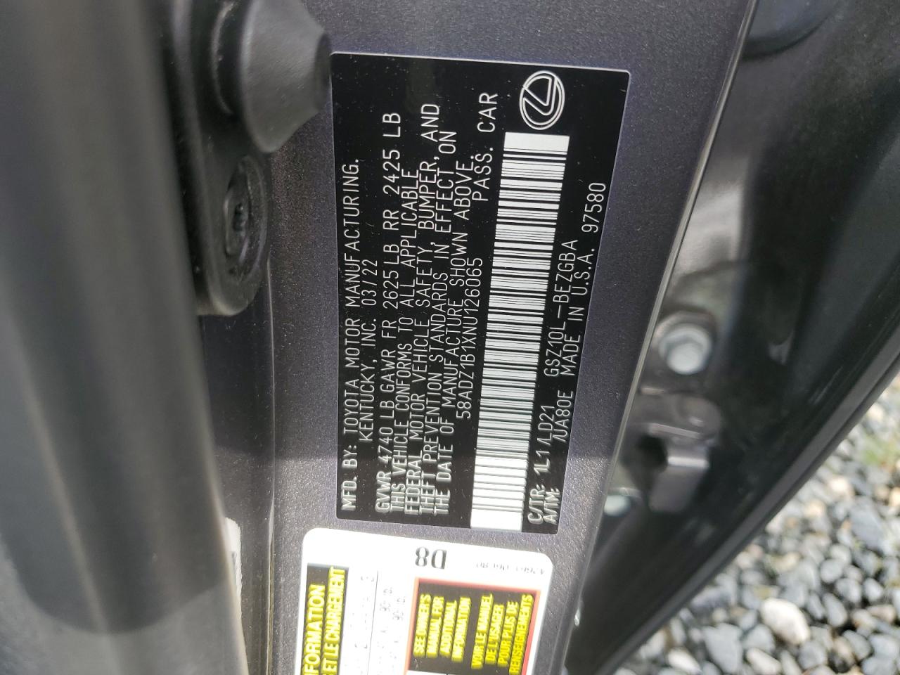 2022 LEXUS ES 350 BASE VIN:58ADZ1B1XNU126065