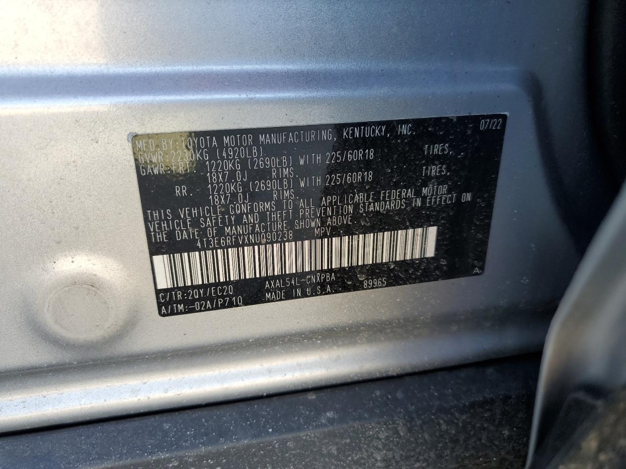 2022 TOYOTA RAV4 XSE VIN:4T3E6RFVXNU090238