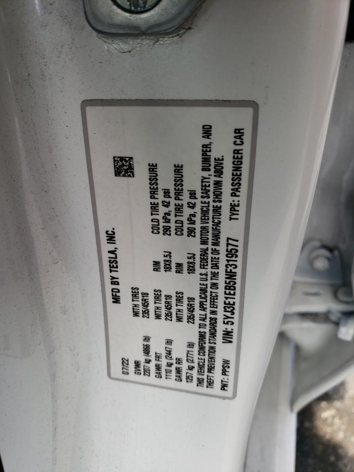 2022 TESLA MODEL 3 VIN:5YJ3E1EB5NF319577