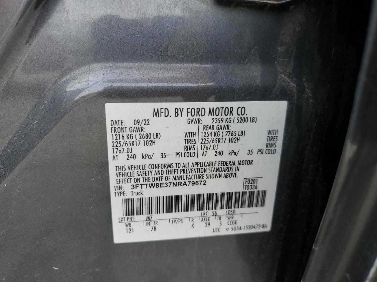 2022 FORD MAVERICK XL VIN:3FTTW8E37NRA79672