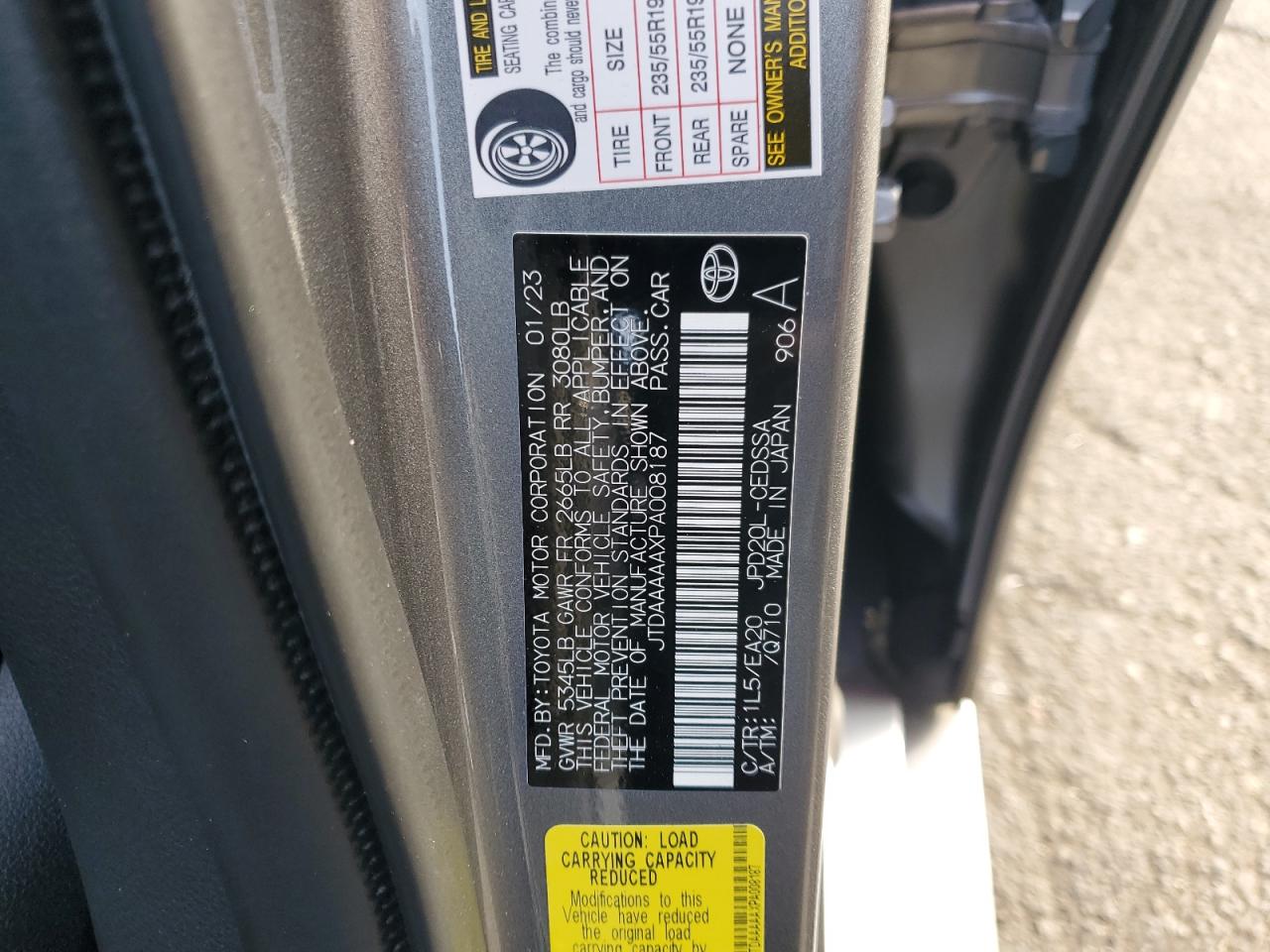 2023 TOYOTA MIRAI XLE VIN:JTDAAAAAXPA008187