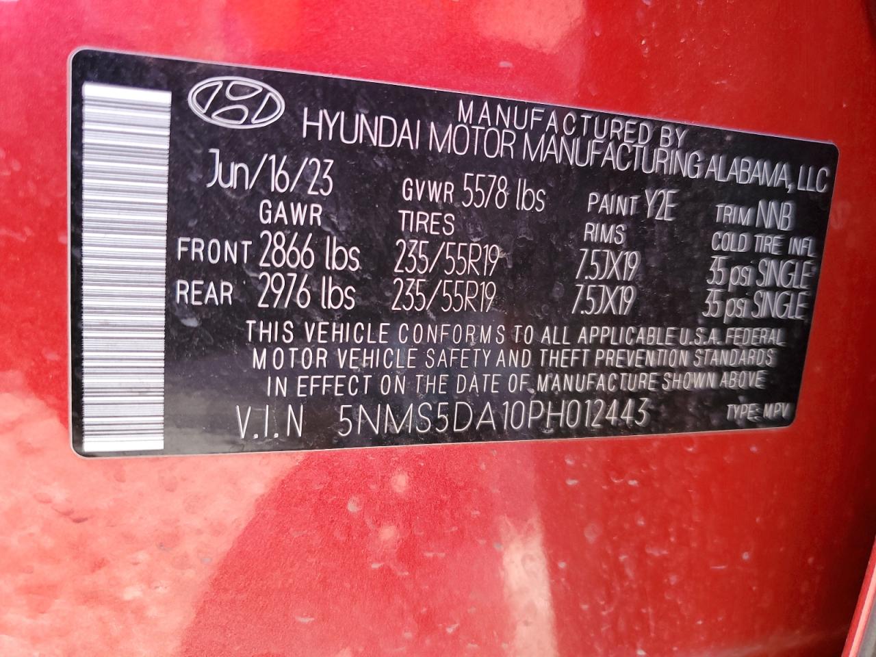2023 HYUNDAI SANTA FE LIMITED VIN:5NMS5DA10PH012443