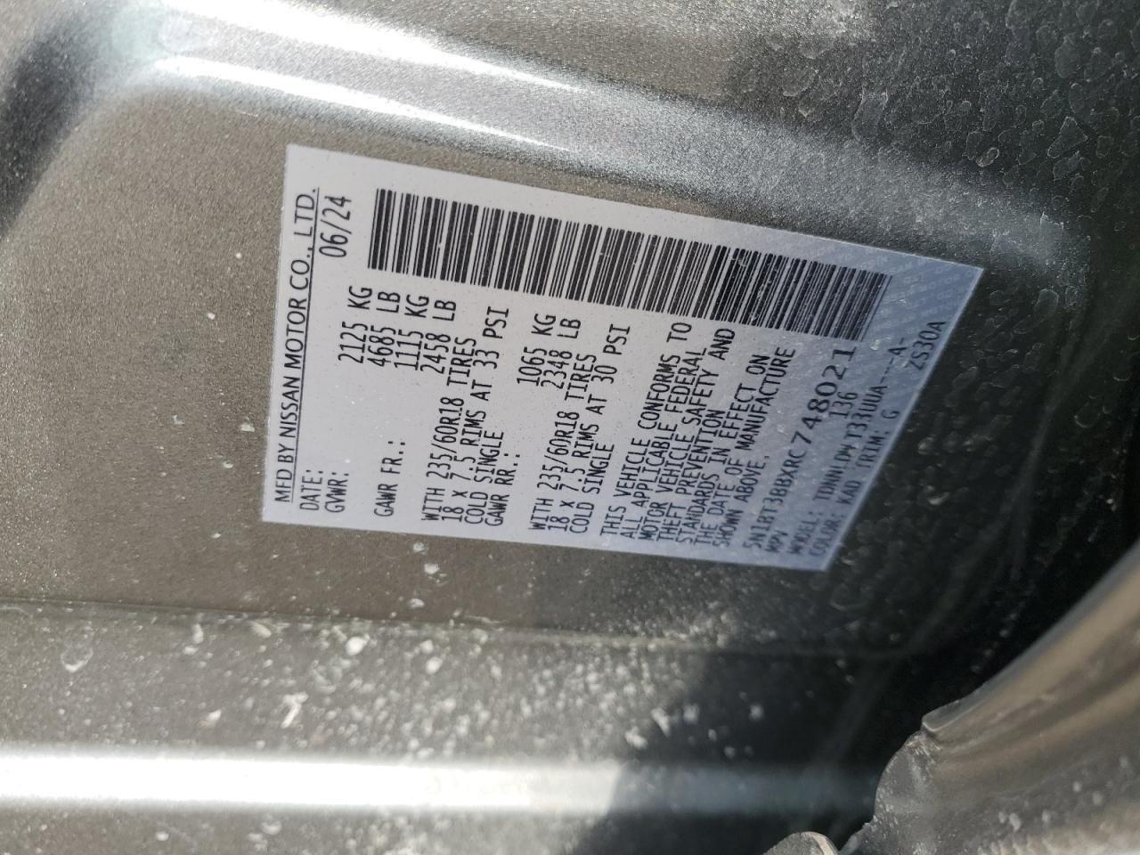2024 NISSAN ROGUE SV VIN:5N1BT3BBXRC748021