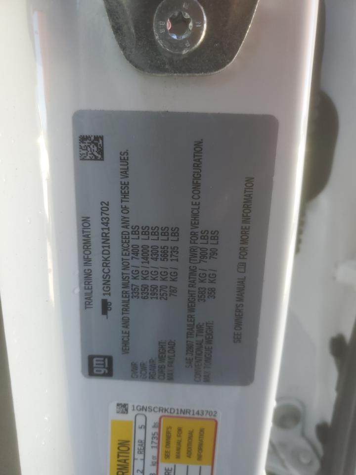 2022 CHEVROLET TAHOE C1500 RST VIN:1GNSCRKD1NR143702