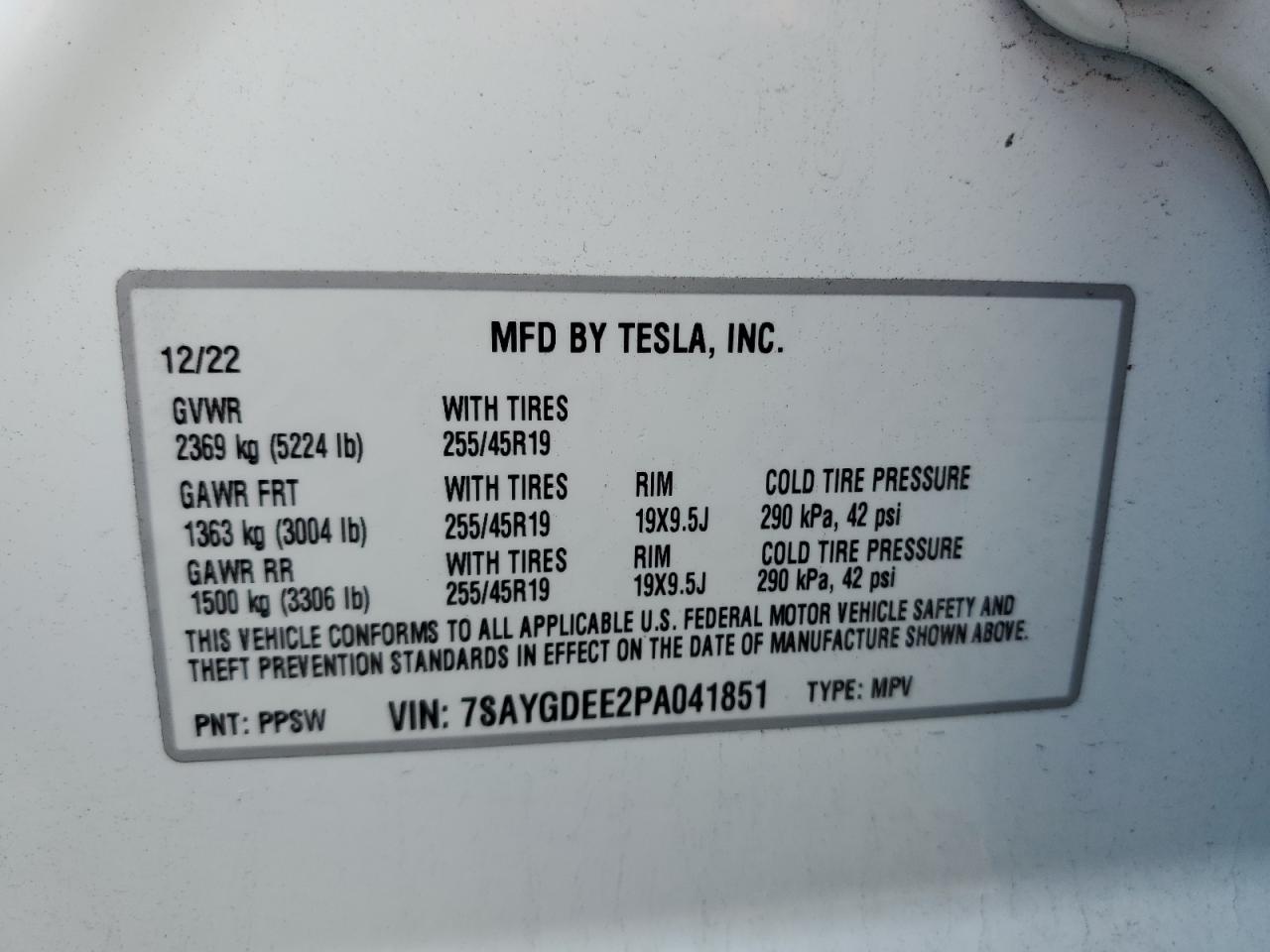 2023 TESLA MODEL Y VIN:7SAYGDEE2PA041851