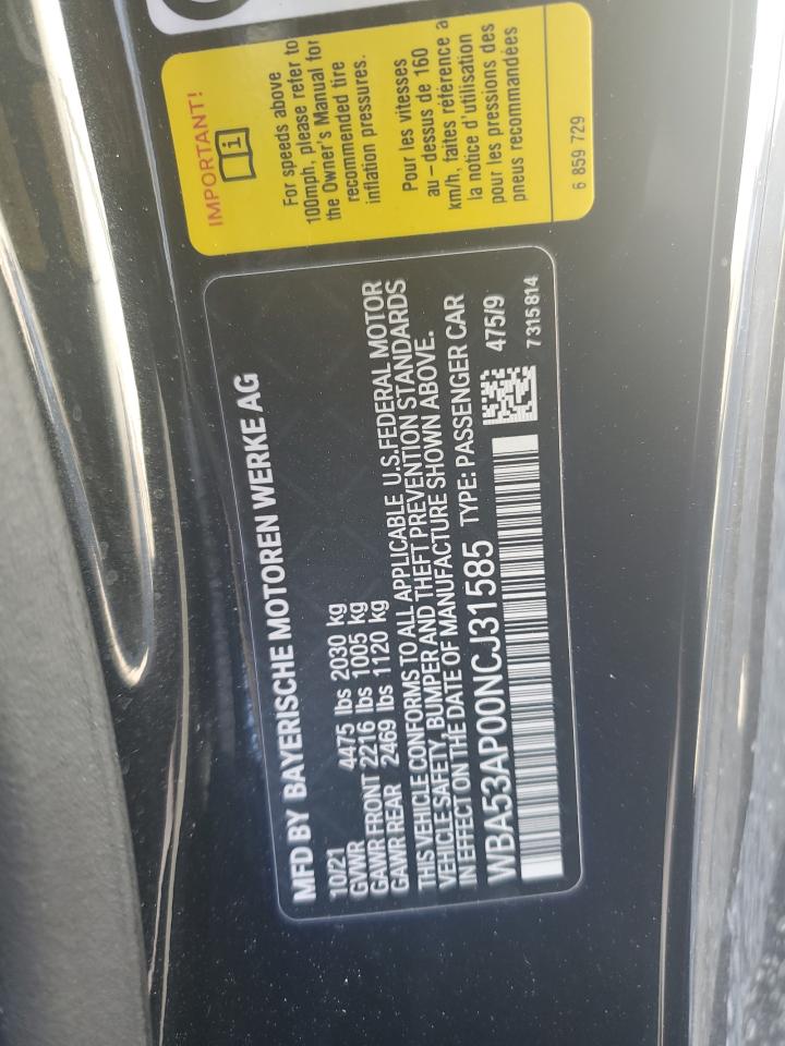 2022 BMW 430I VIN:WBA53AP00NCJ31585