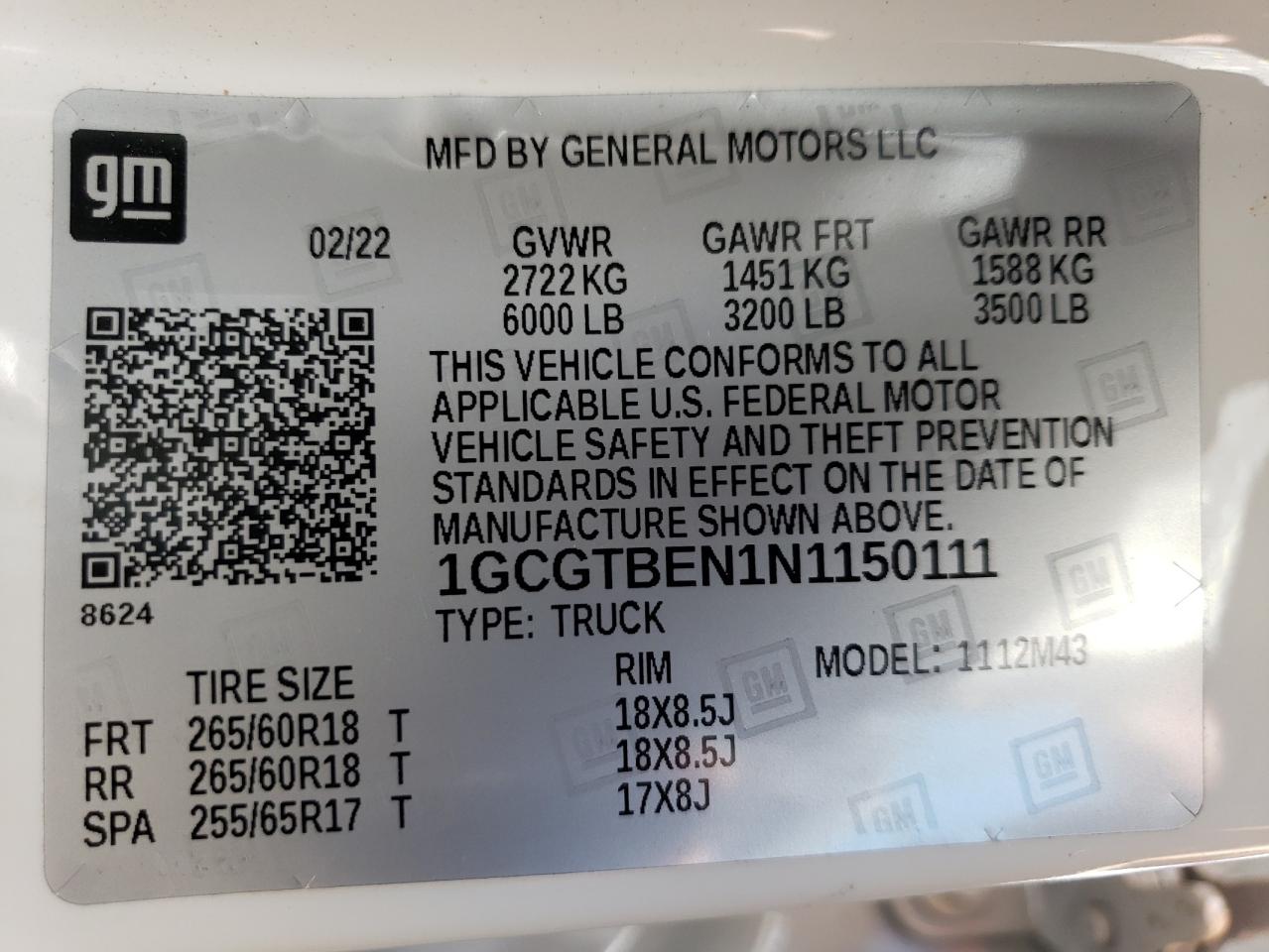 2022 CHEVROLET COLORADO VIN:1GCGTBEN1N1150111