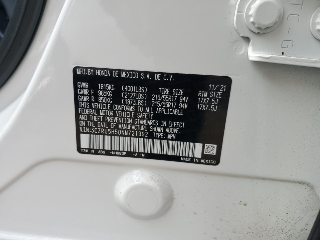 2022 HONDA HR-V EX VIN:3CZRU5H50NM721992