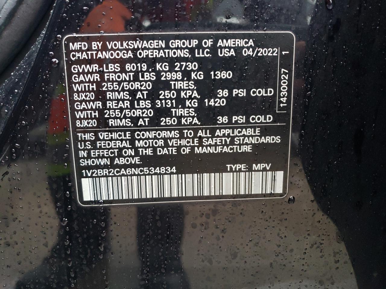 2022 VOLKSWAGEN ATLAS SEL VIN:1V2BR2CA6NC534834