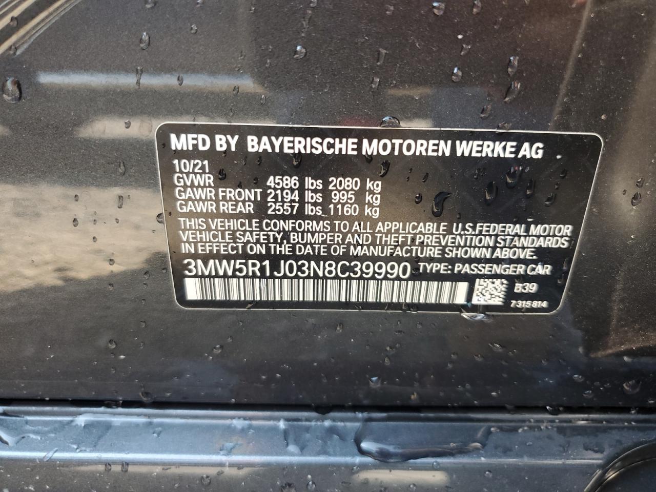 2022 BMW 330I VIN:3MW5R1J03N8C39990