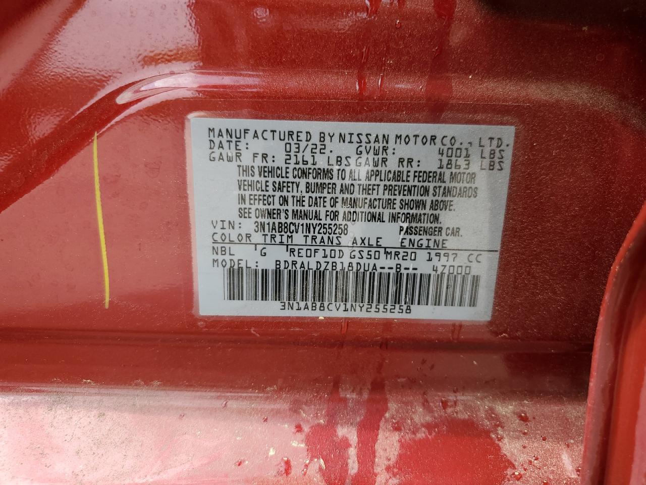 2022 NISSAN SENTRA SV VIN:3N1AB8CV1NY255258