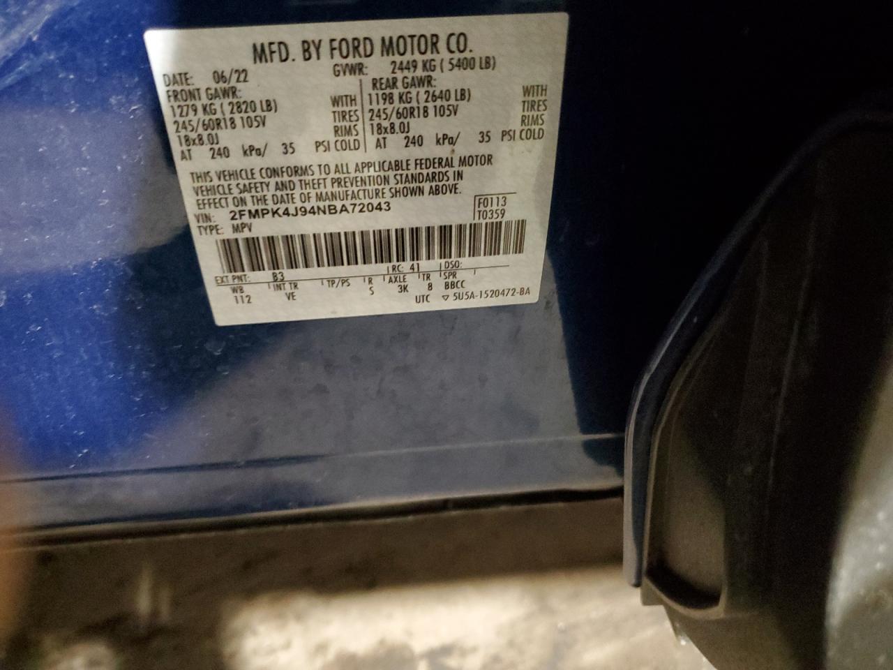 2022 FORD EDGE SEL VIN:2FMPK4J94NBA72043