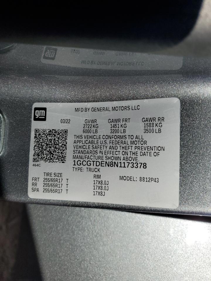 2022 CHEVROLET COLORADO Z71 VIN:1GCGTDEN8N1173378