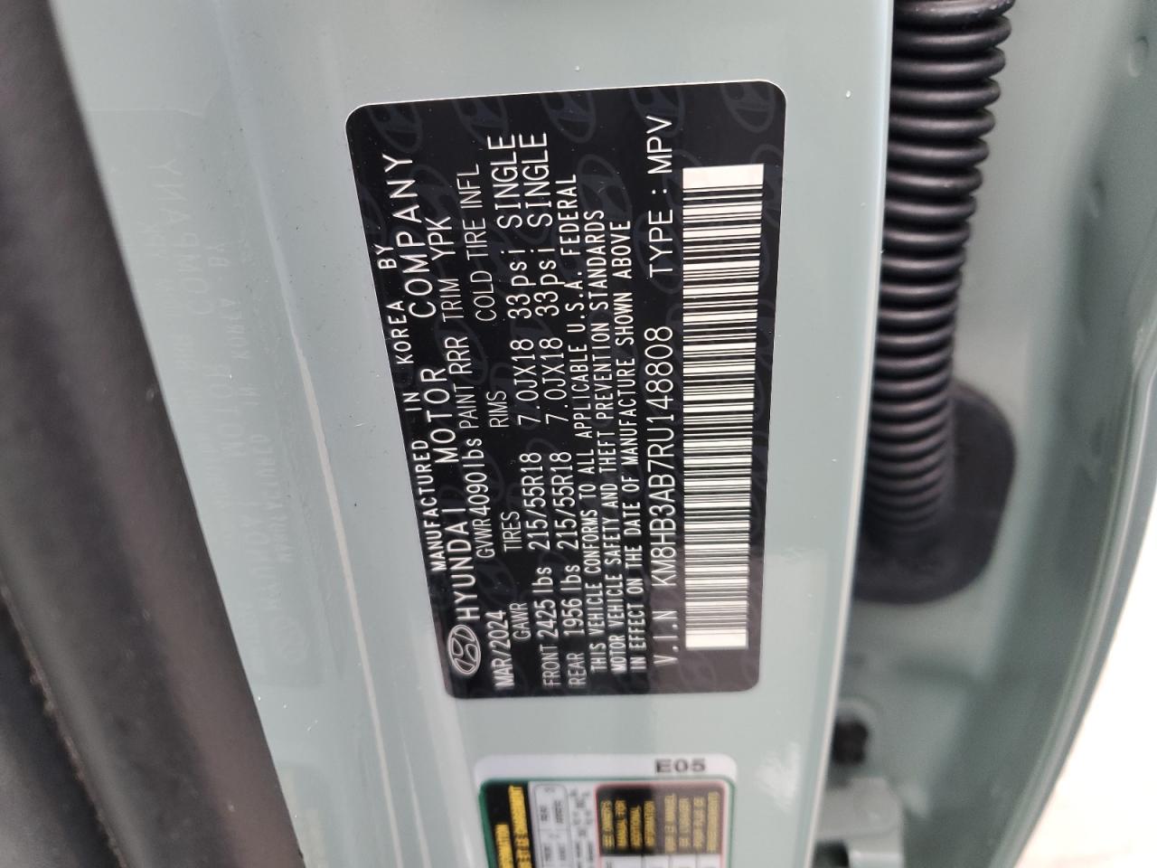 2024 HYUNDAI KONA SEL VIN:KM8HB3AB7RU148808