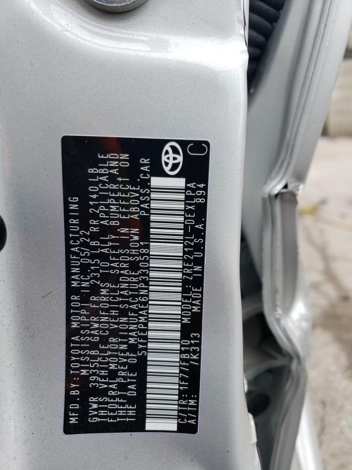 2022 TOYOTA COROLLA LE VIN:5YFEPMAE6NP330581