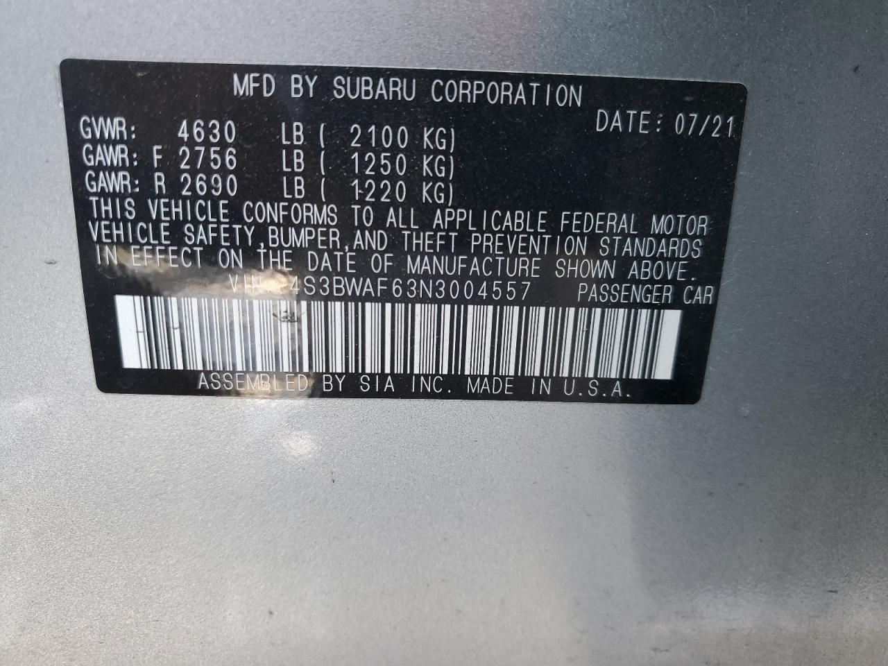 2022 SUBARU LEGACY PREMIUM VIN:4S3BWAF63N3004557