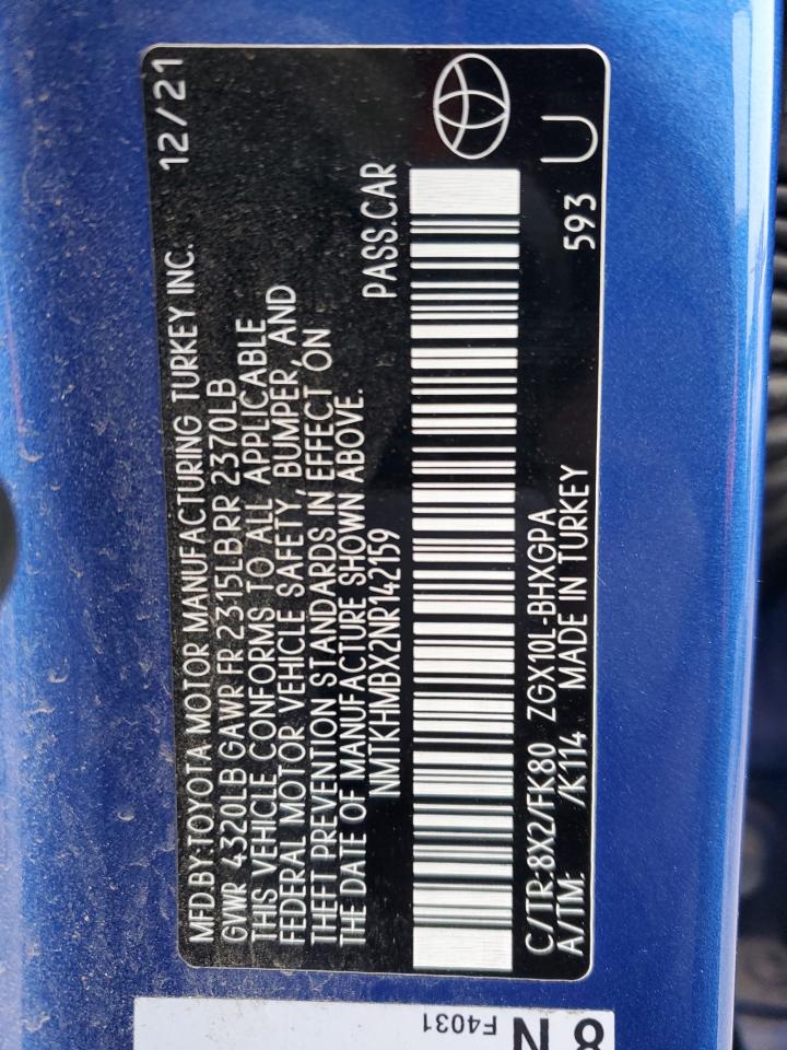 2022 TOYOTA C-HR XLE VIN:NMTKHMBX2NR142159