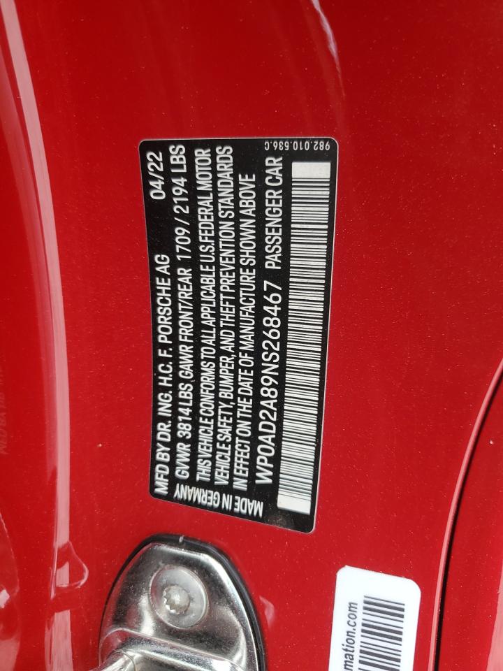 2022 PORSCHE CAYMAN GTS VIN:WP0AD2A89NS268467