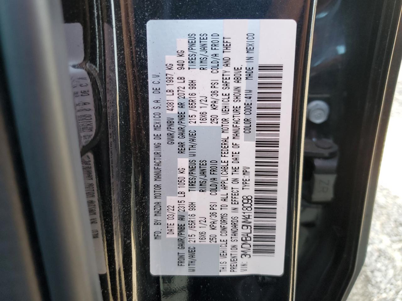 2022 MAZDA CX-30 VIN:3MVDMBAL9NM418098
