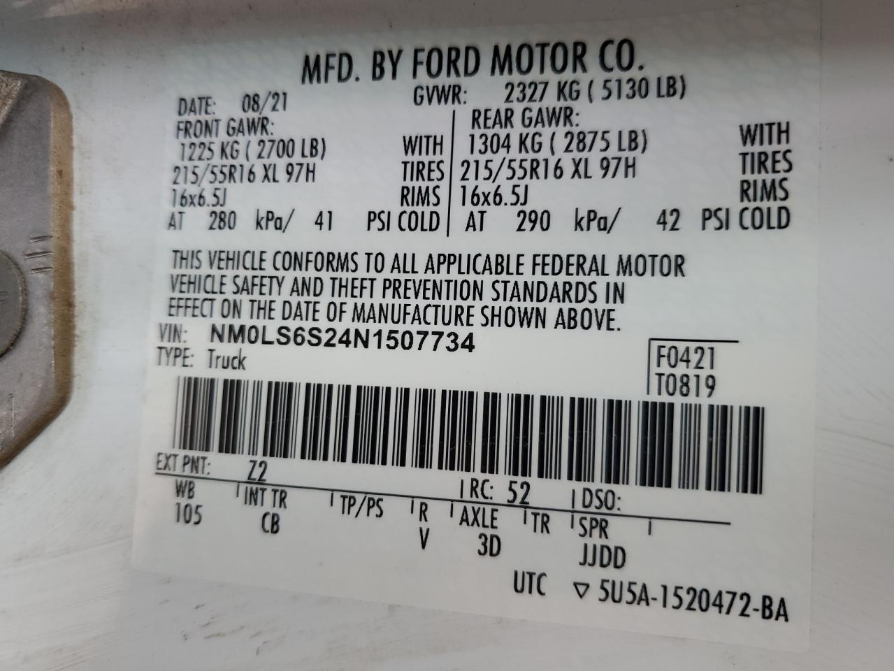 2022 FORD TRANSIT CONNECT XL VIN:NM0LS6S24N1507734