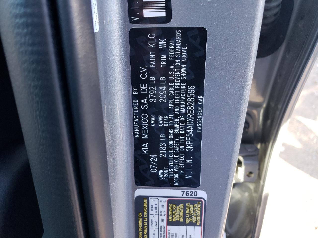2024 KIA FORTE GT LINE VIN:3KPF54ADXRE828596