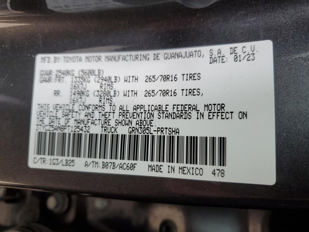 2023 TOYOTA TACOMA DOUBLE CAB VIN:3TYCZ5AN8PT125432