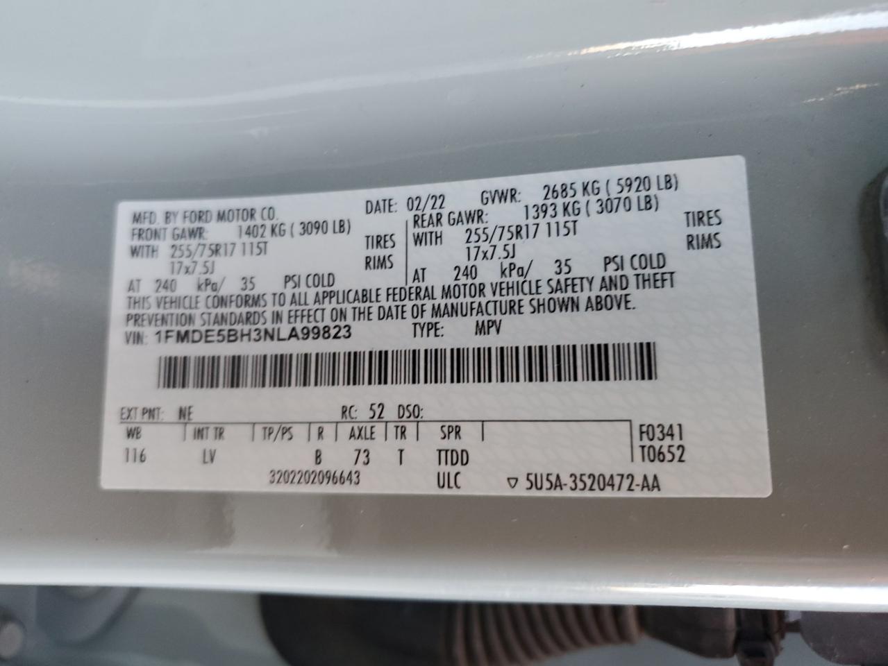 2022 FORD BRONCO BASE VIN:1FMDE5BH3NLA99823