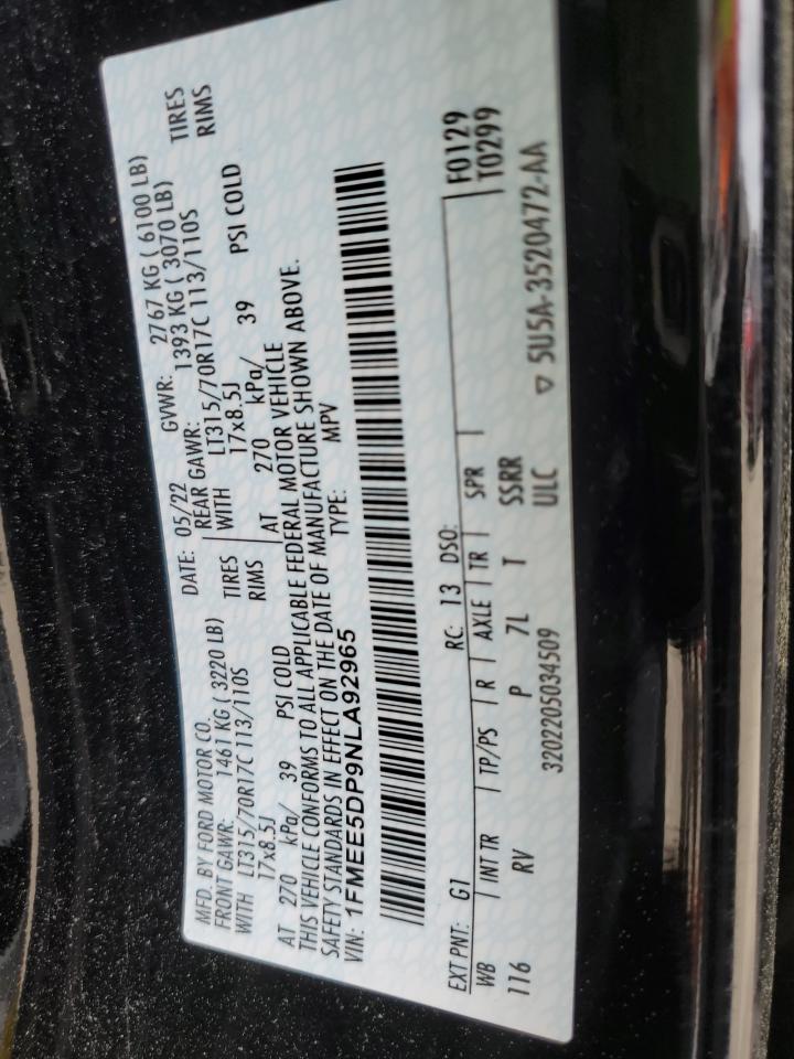 2022 FORD BRONCO BASE VIN:1FMEE5DP9NLA92965