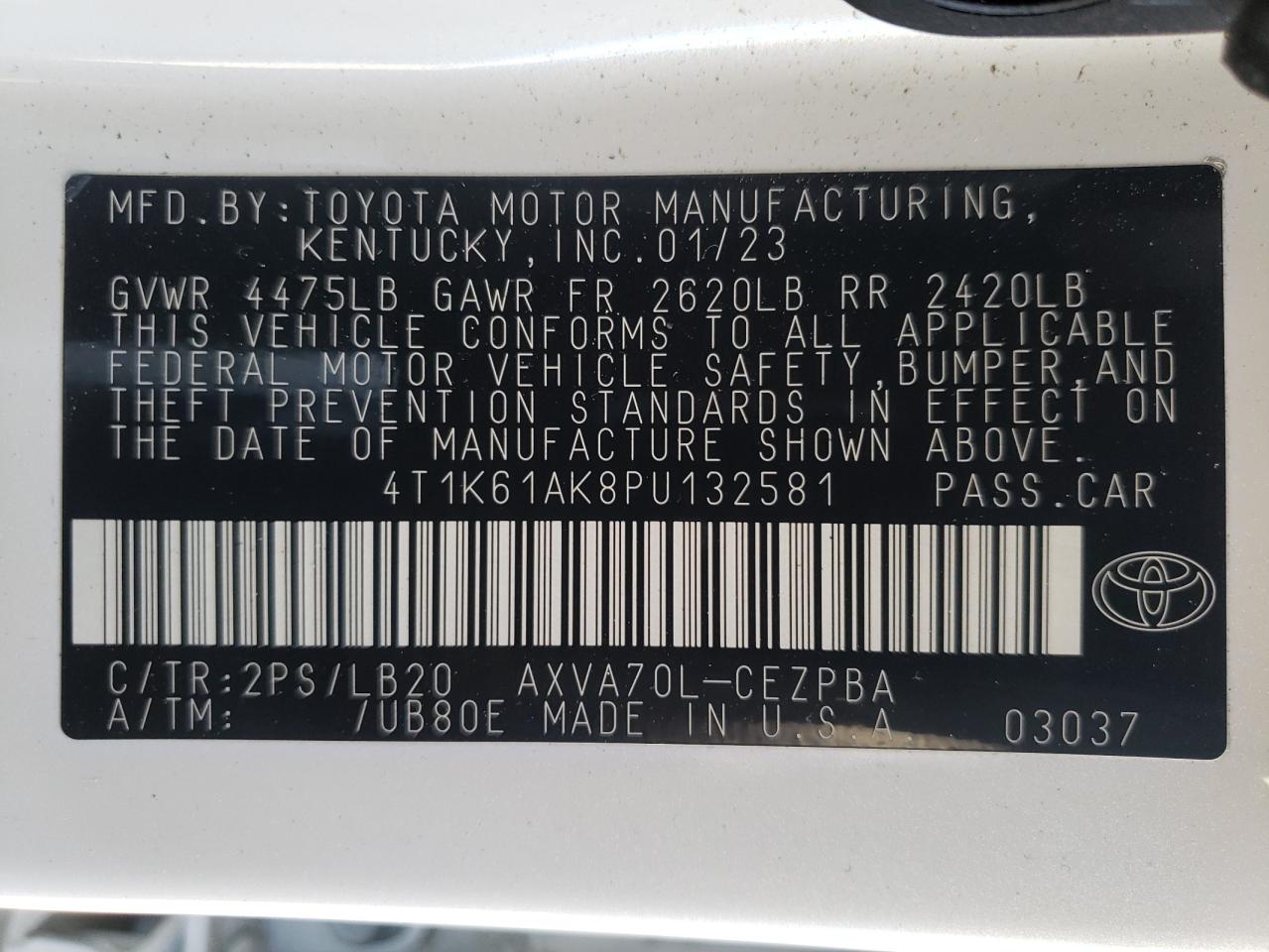 2023 TOYOTA CAMRY XSE VIN:4T1K61AK8PU132581