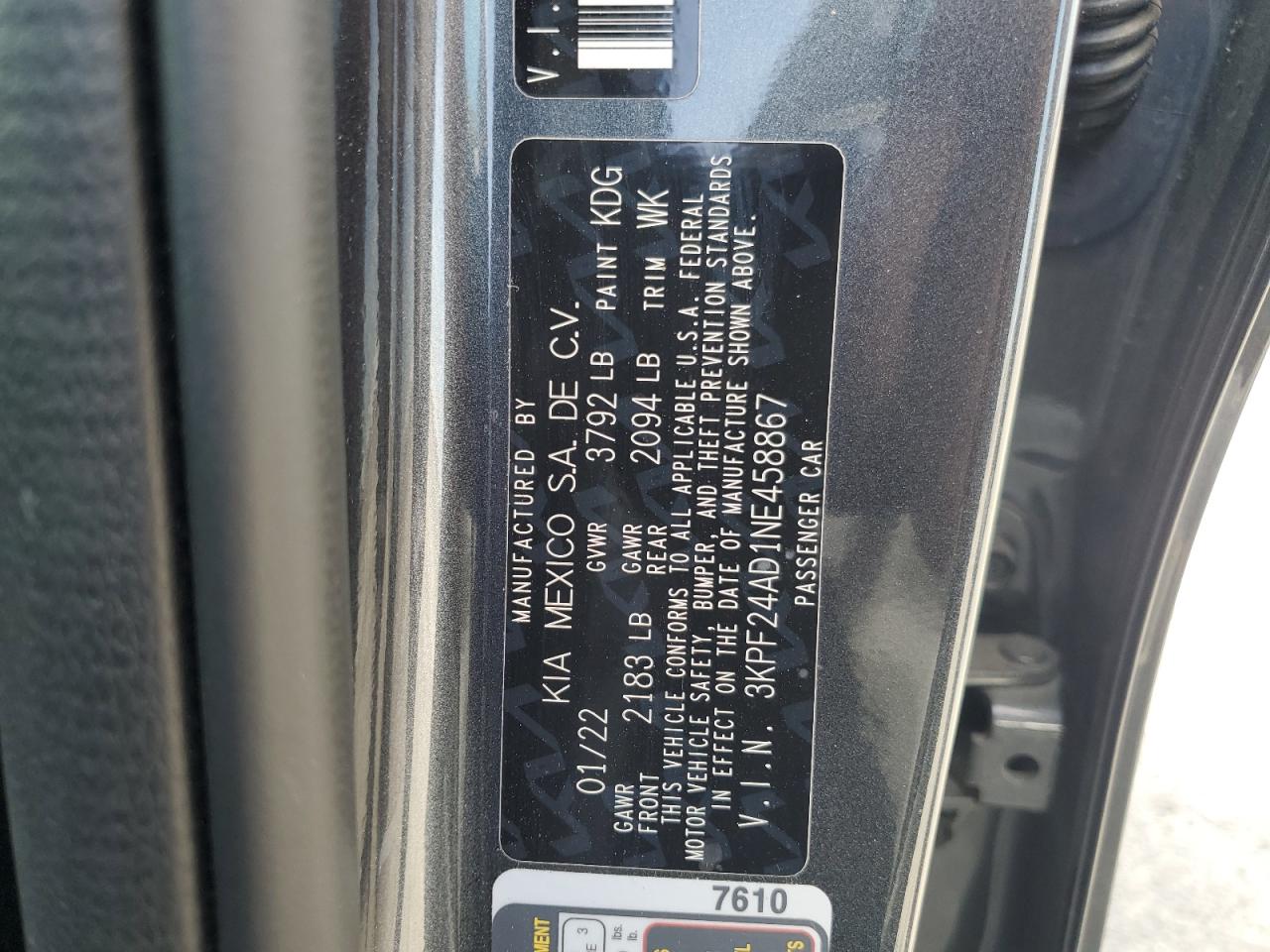 2022 KIA FORTE FE VIN:3KPF24AD1NE458867