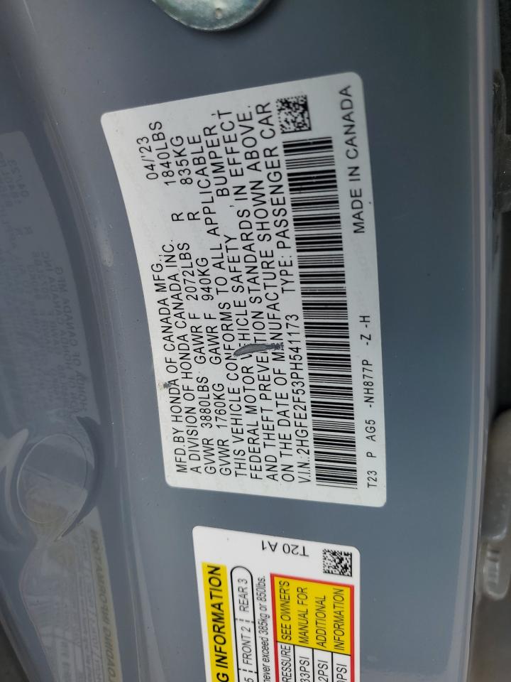 2023 HONDA CIVIC SPORT VIN:2HGFE2F53PH541173