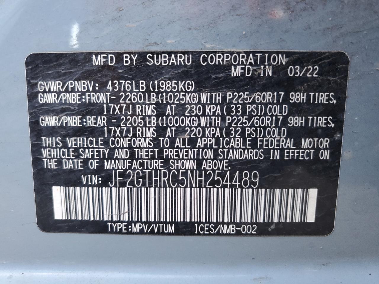 2022 SUBARU CROSSTREK SPORT VIN:JF2GTHRC5NH254489