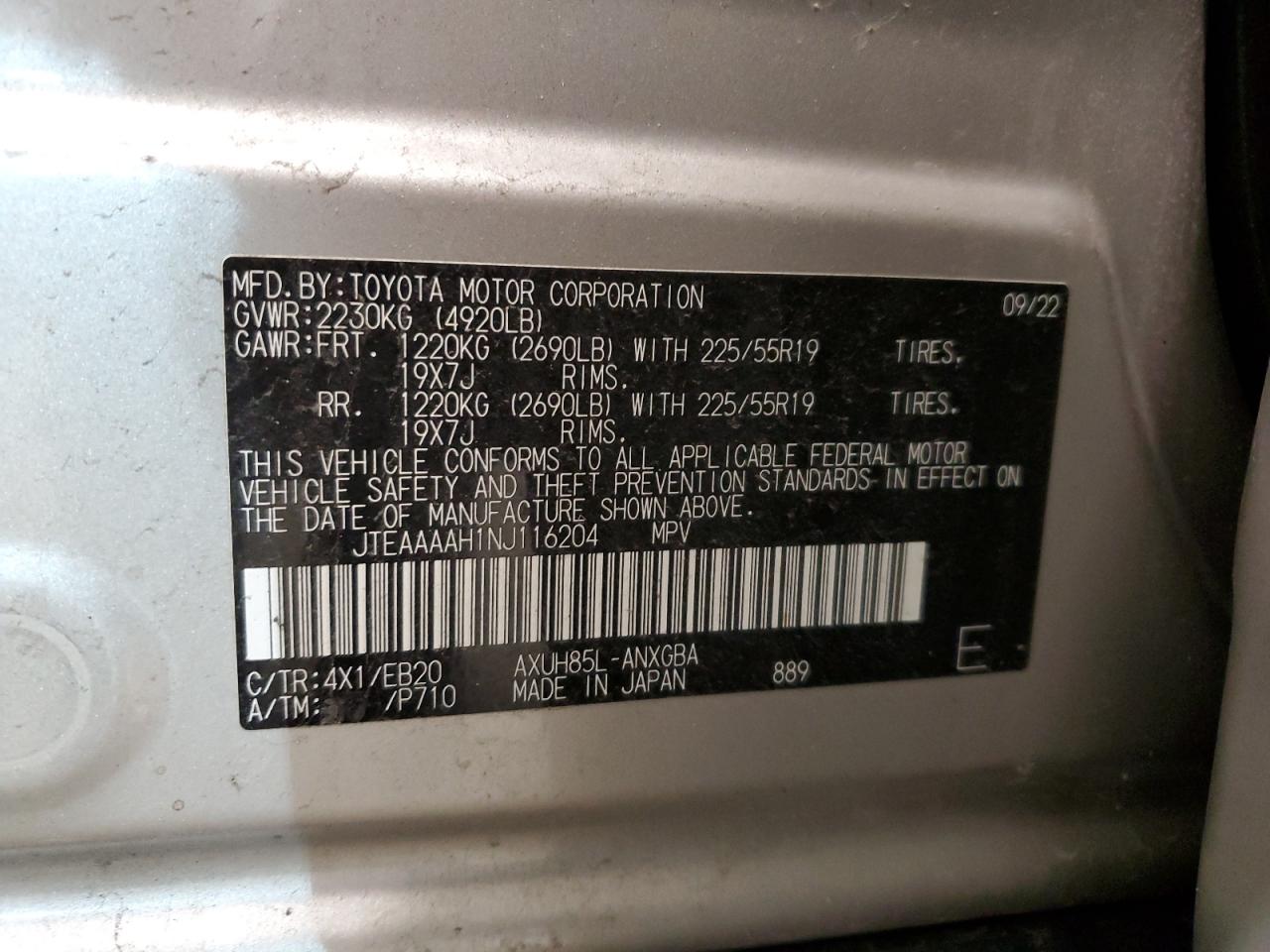 2022 TOYOTA VENZA LE VIN:JTEAAAAH1NJ116204