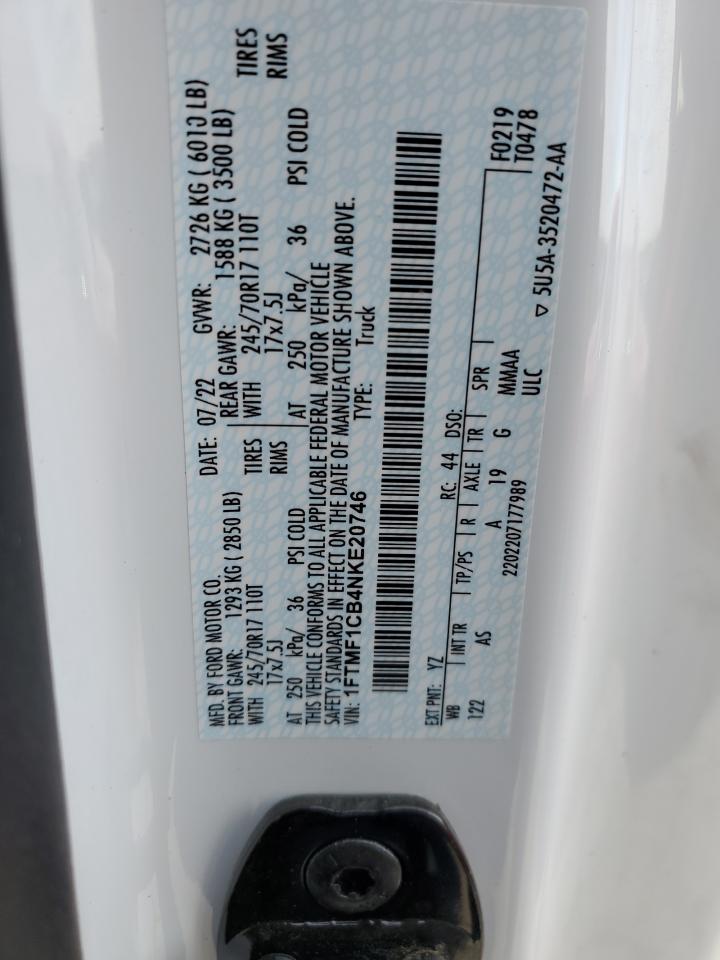 2022 FORD F150 VIN:1FTMF1CB4NKE20746