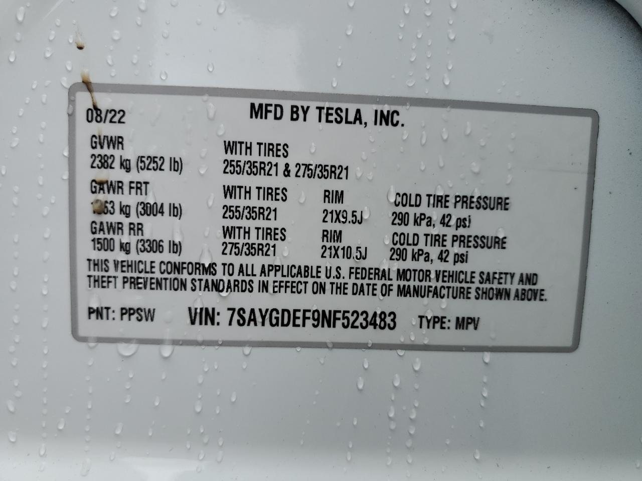 2022 TESLA MODEL Y VIN:7SAYGDEF9NF523483