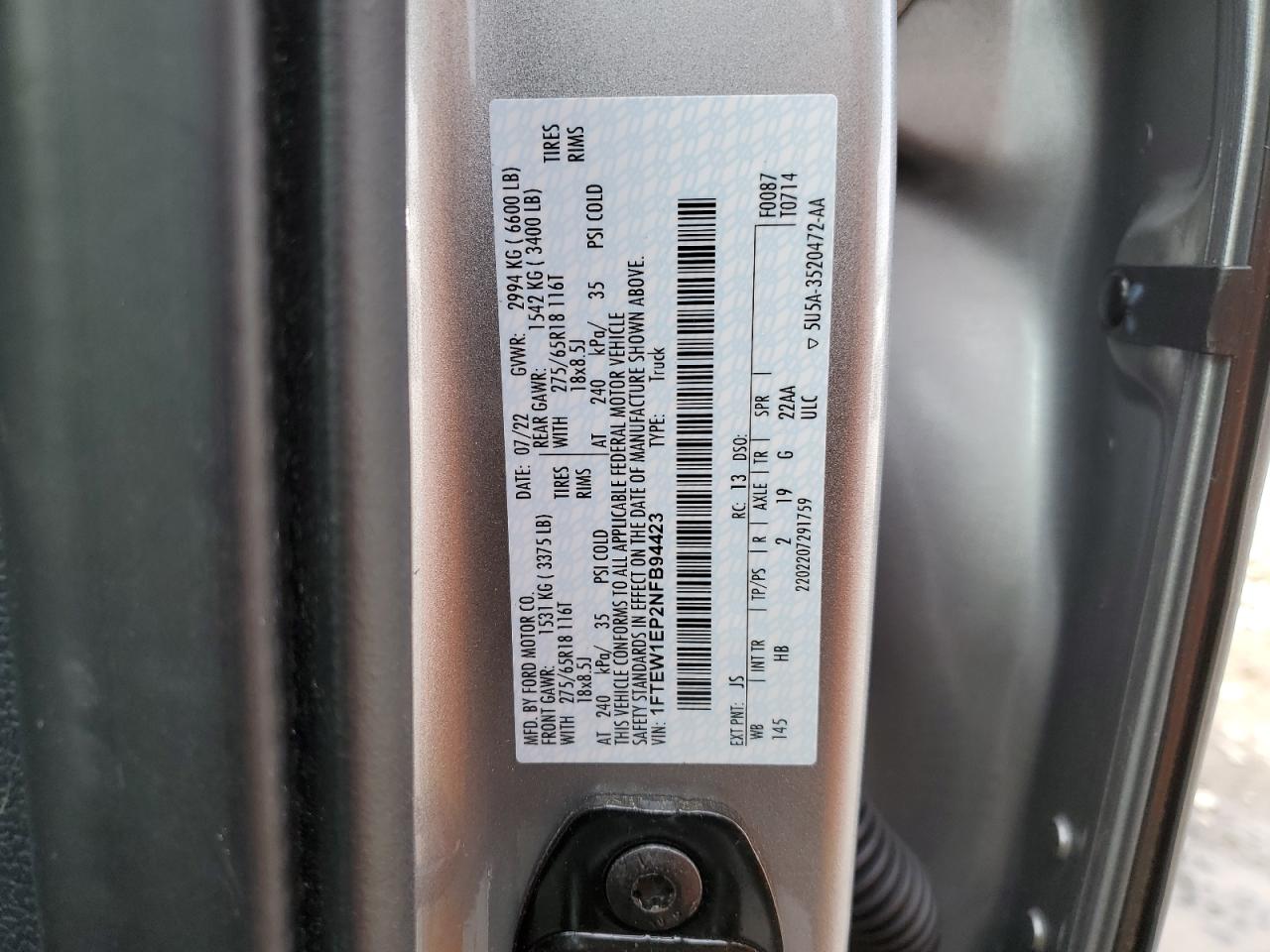 2022 FORD F150 SUPERCREW VIN:1FTEW1EP2NFB94423