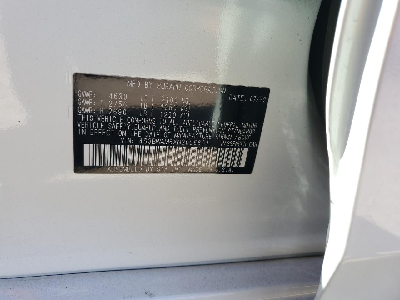 2022 SUBARU LEGACY LIMITED VIN:4S3BWAM6XN3026624