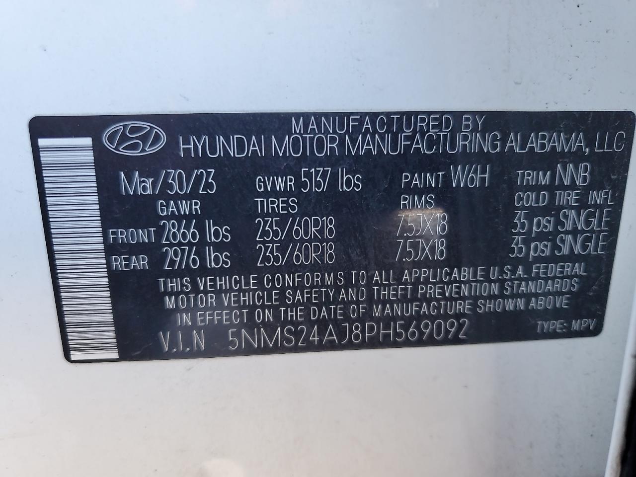 2023 HYUNDAI SANTA FE SEL VIN:5NMS24AJ8PH569092