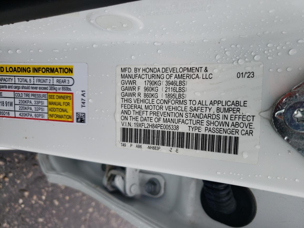 2023 HONDA CIVIC SPORT VIN:19XFL2H84PE005338