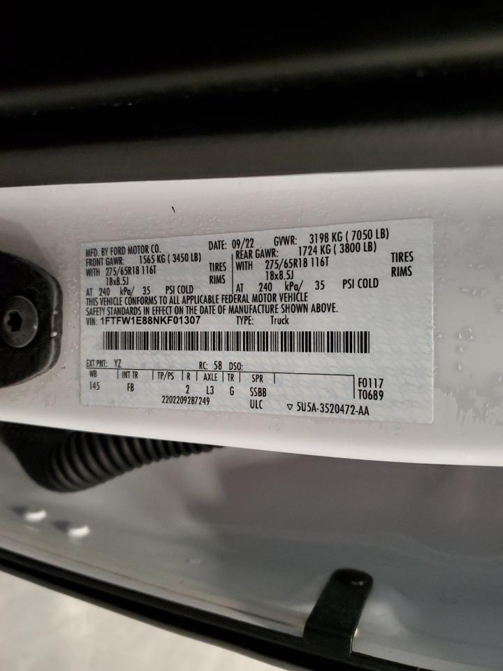 2022 FORD F150 SUPERCREW VIN:1FTFW1E88NKF01307