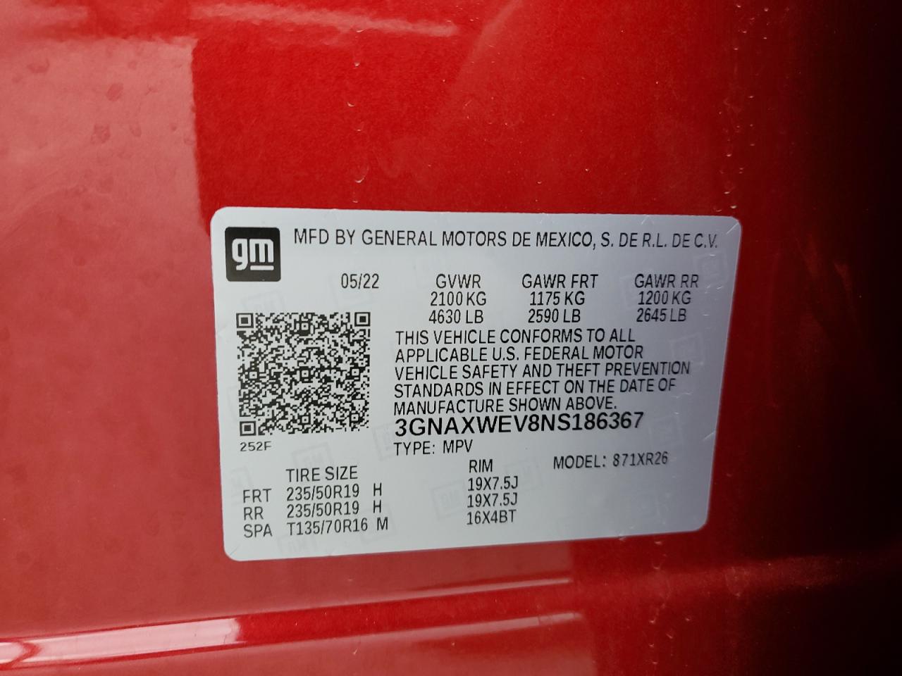 2022 CHEVROLET EQUINOX RS VIN:3GNAXWEV8NS186367