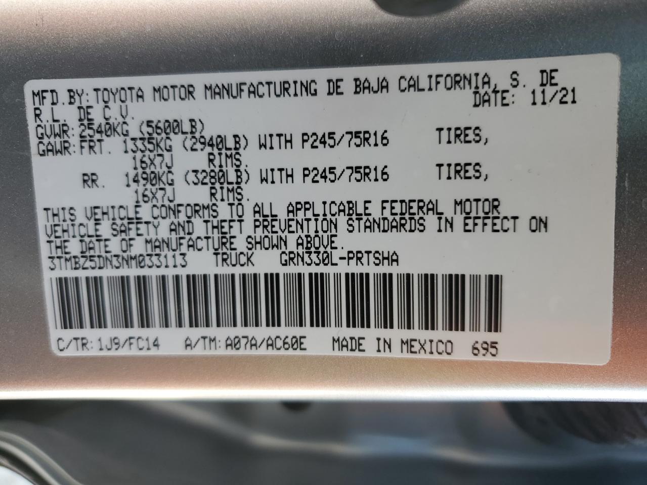 2022 TOYOTA TACOMA DOUBLE CAB VIN:3TMBZ5DN3NM033113