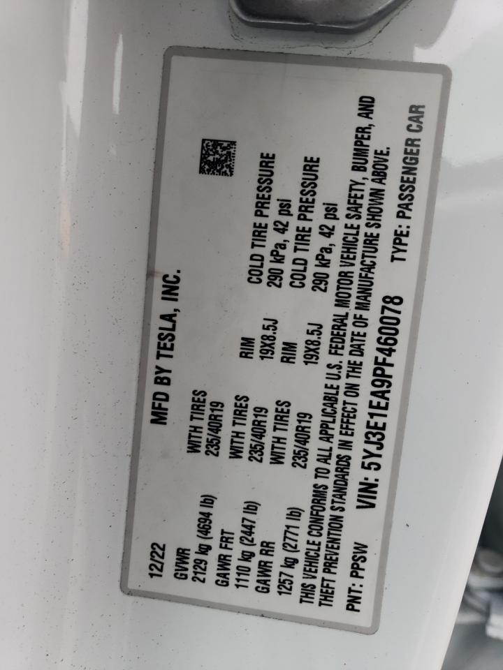 2023 TESLA MODEL 3 VIN:5YJ3E1EA9PF460078