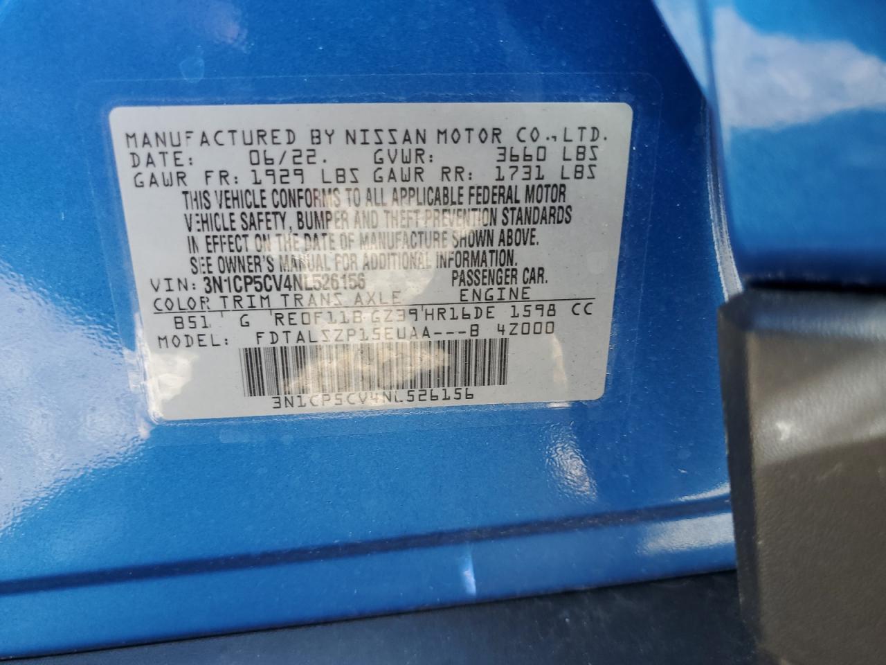 2022 NISSAN KICKS SV VIN:3N1CP5CV4NL526156