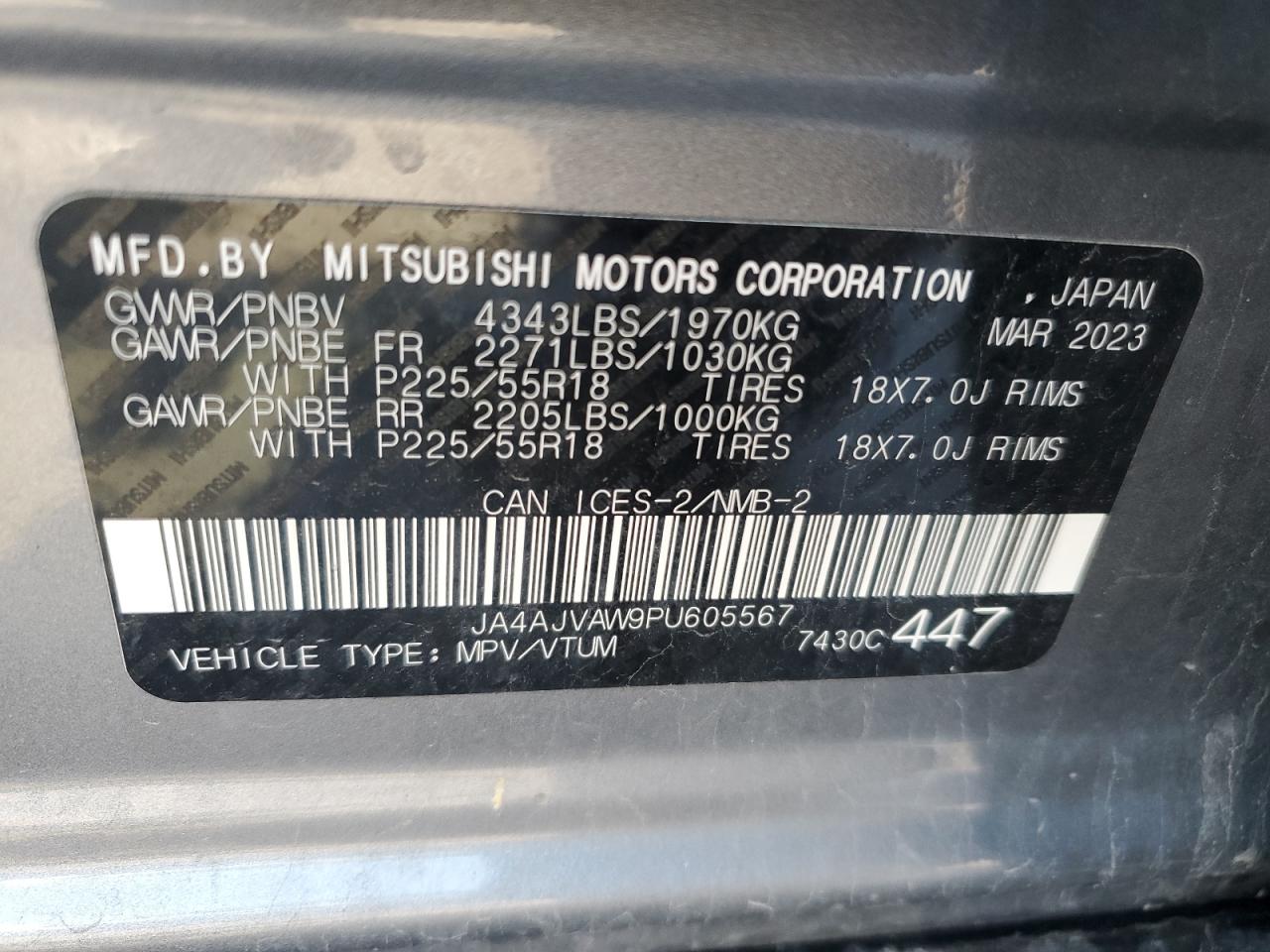 2023 MITSUBISHI RVR SE VIN:JA4AJVAW9PU605567
