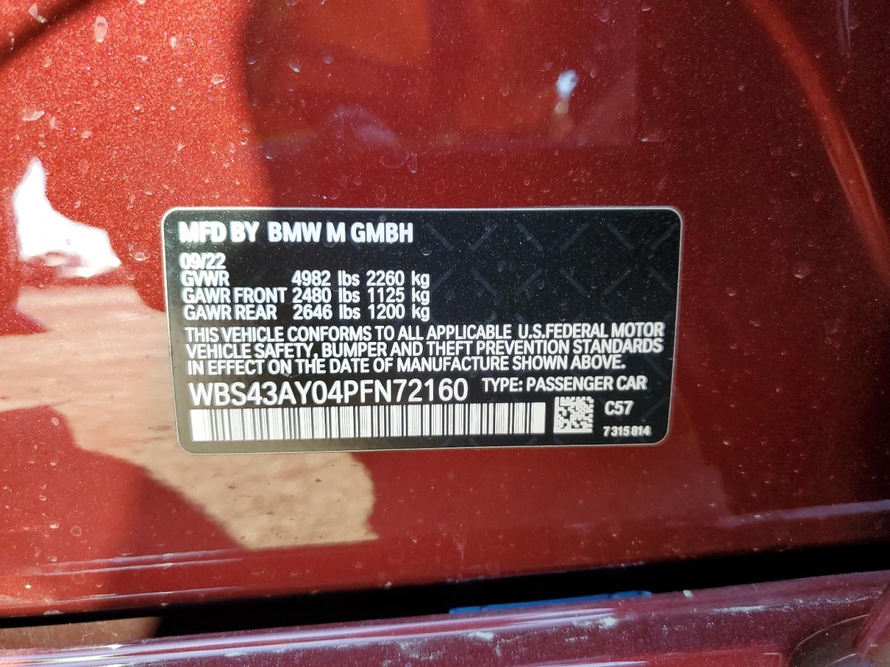 2023 BMW M3 COMPETITION VIN:WBS43AY04PFN72160