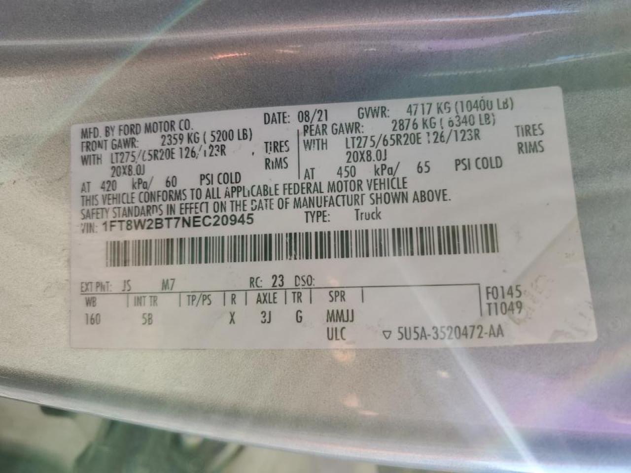 2022 FORD F250 SUPER DUTY VIN:1FT8W2BT7NEC20945